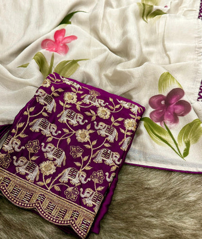 Product Image - Mahek Designer Saree - Kiwi Crush Fabric with Brush Paint & Handwork Blouse