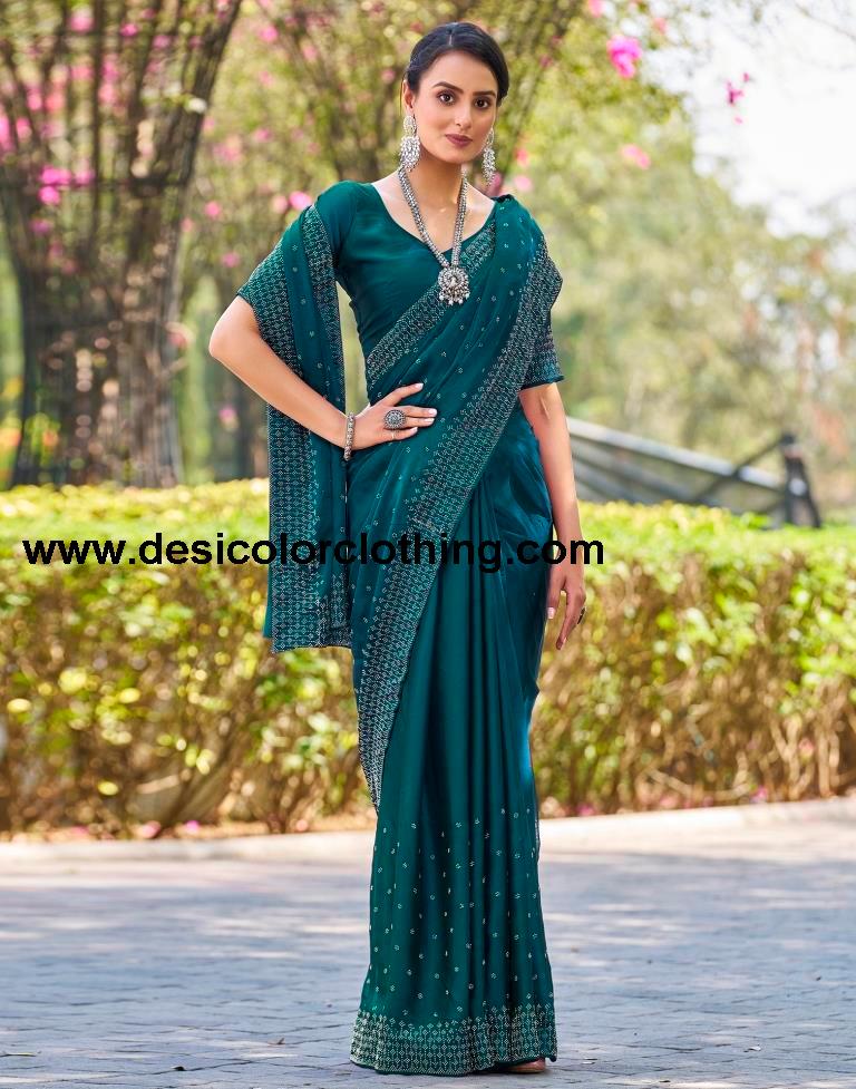 Rama Blue Georgette Plain Saree