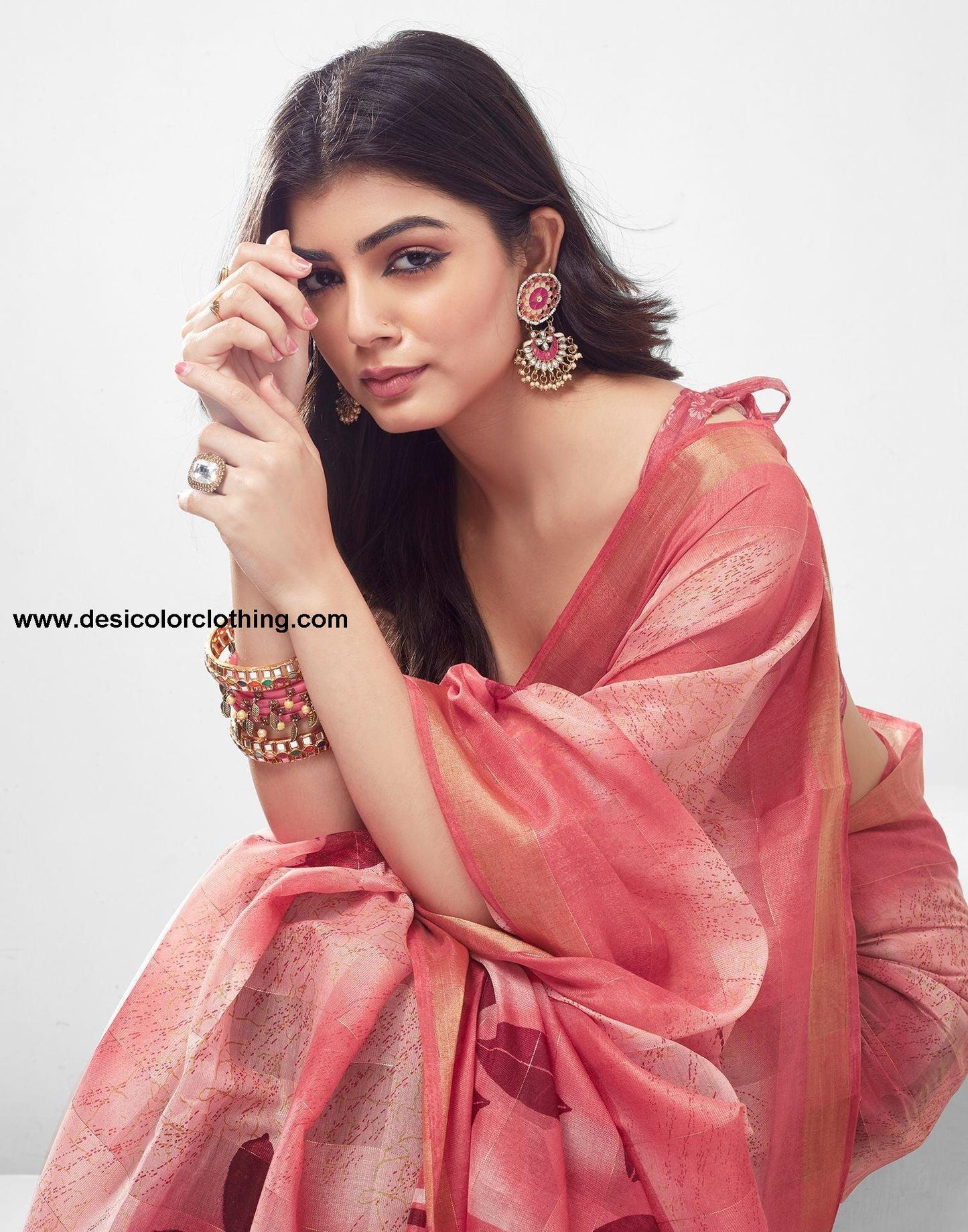 Rose Pink Printed Cotton Saree