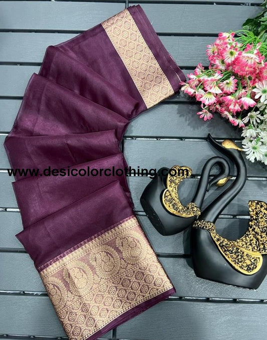Wine Organza Plain Saree