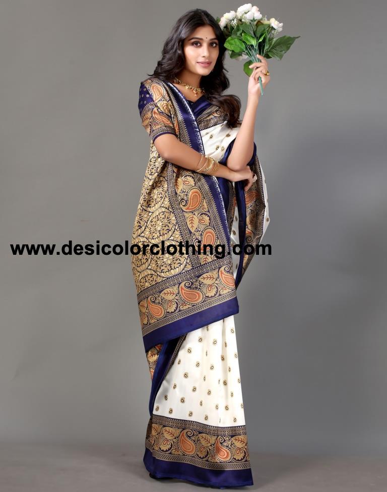 White Printed Silk Saree