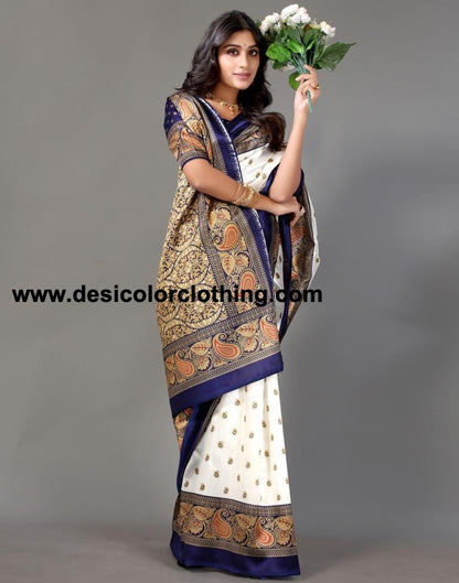 White Printed Silk Saree