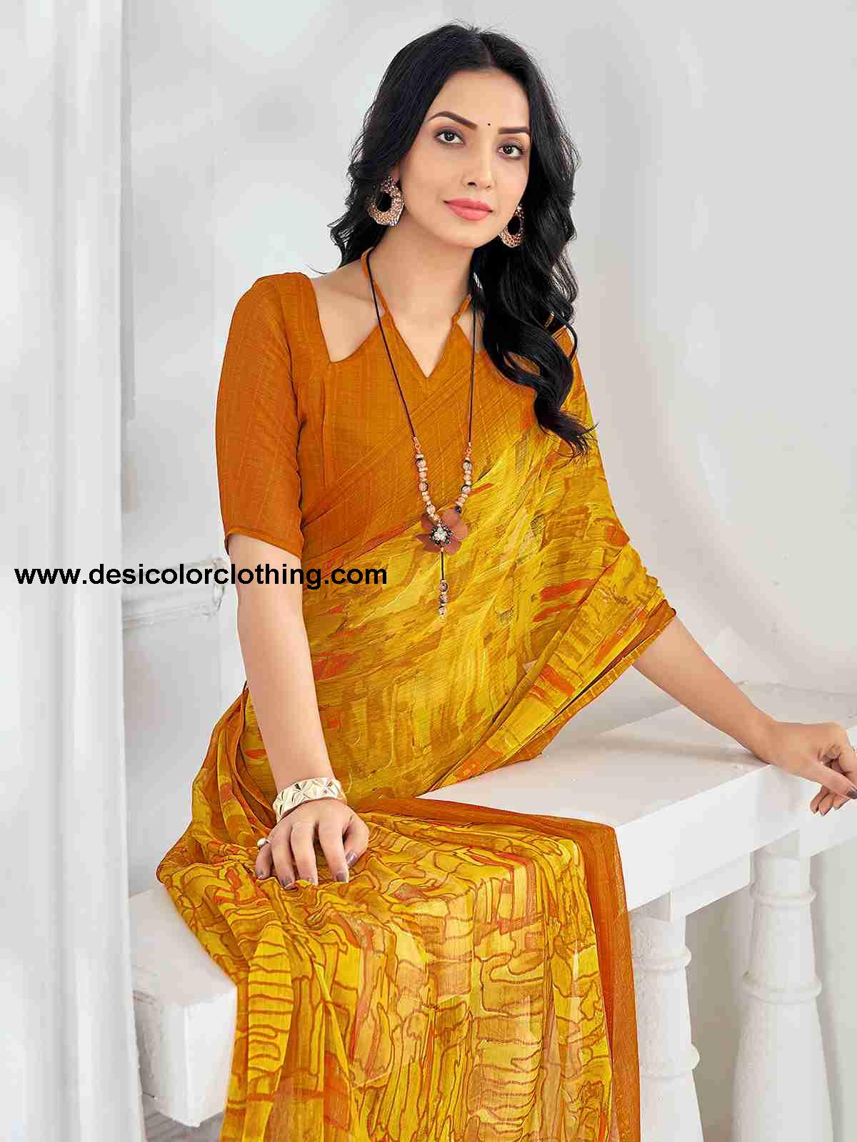 Yellow Chiffon Printed Saree