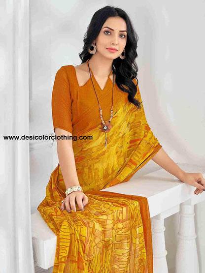 Yellow Chiffon Printed Saree