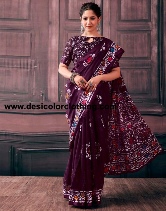 Purple  Cotton Printed Sarees