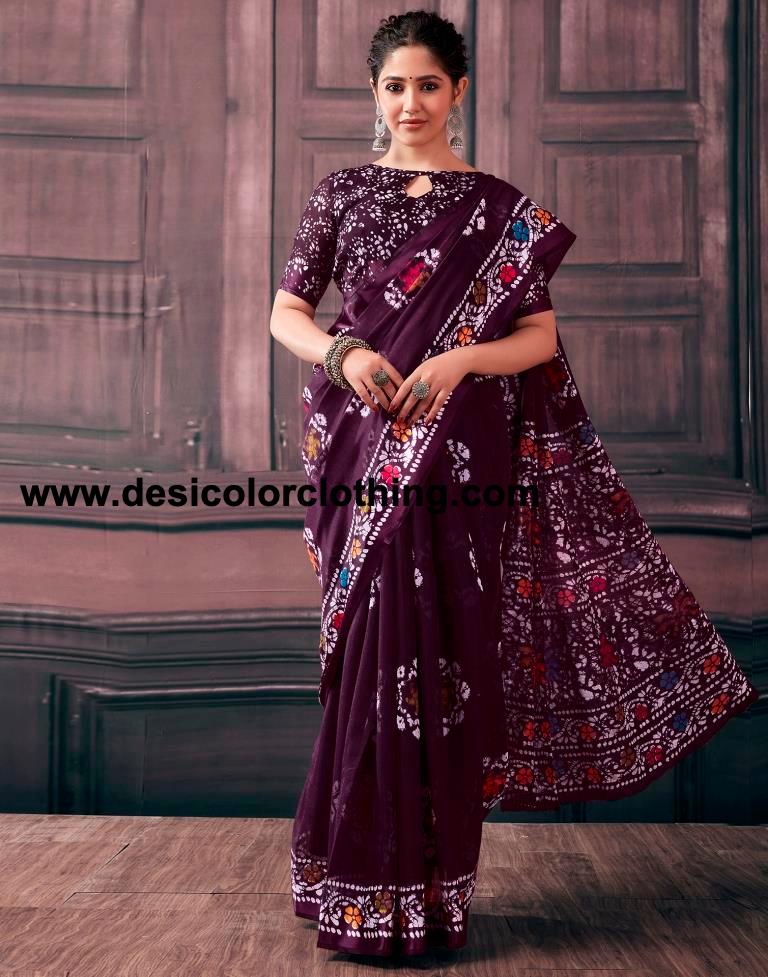 Purple  Cotton Printed Sarees