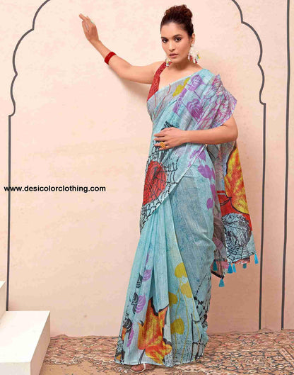 Blue Cotton Printed Saree