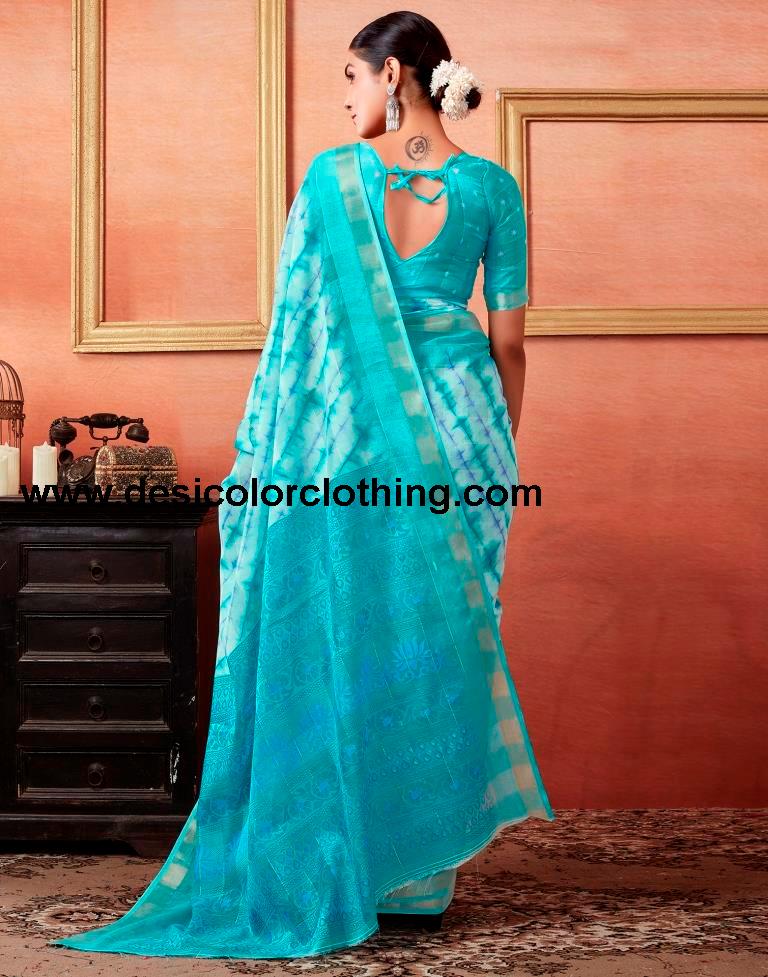 Turquoise Cotton Zari Saree