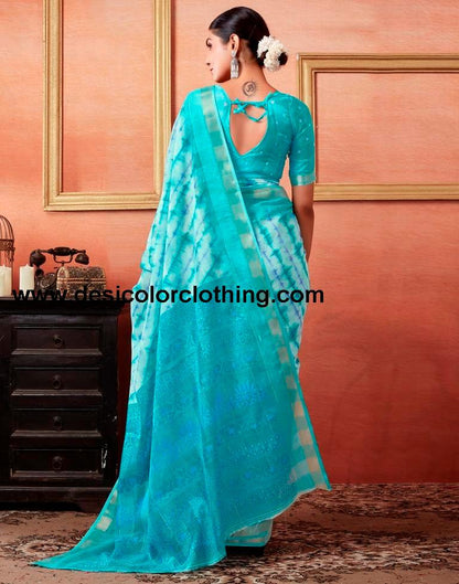 Turquoise Cotton Zari Saree