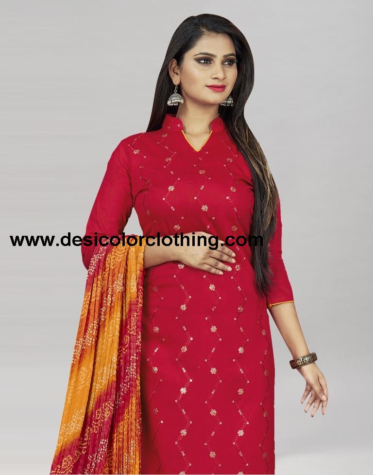 Red Cotton Embroidered Unstitched Salwar Suit