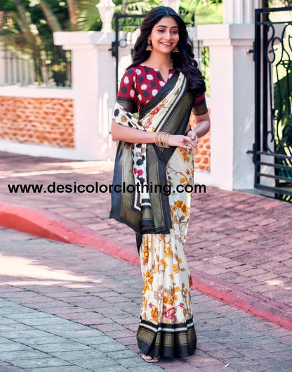 Cream Silk Printed Saree