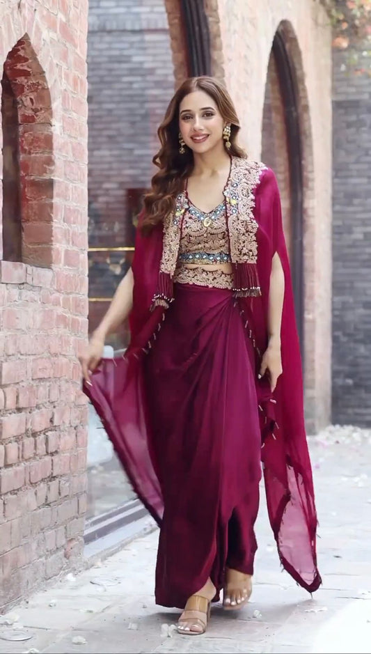 Product Image - Elegant Designer Western Style Dhoti with Choli and Shrug in Organza Silk