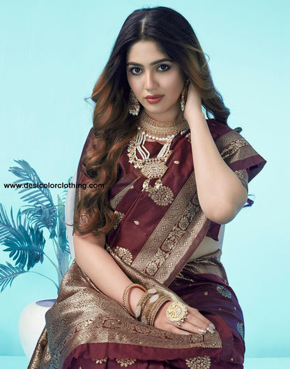 Brown Jacquard Silk Saree