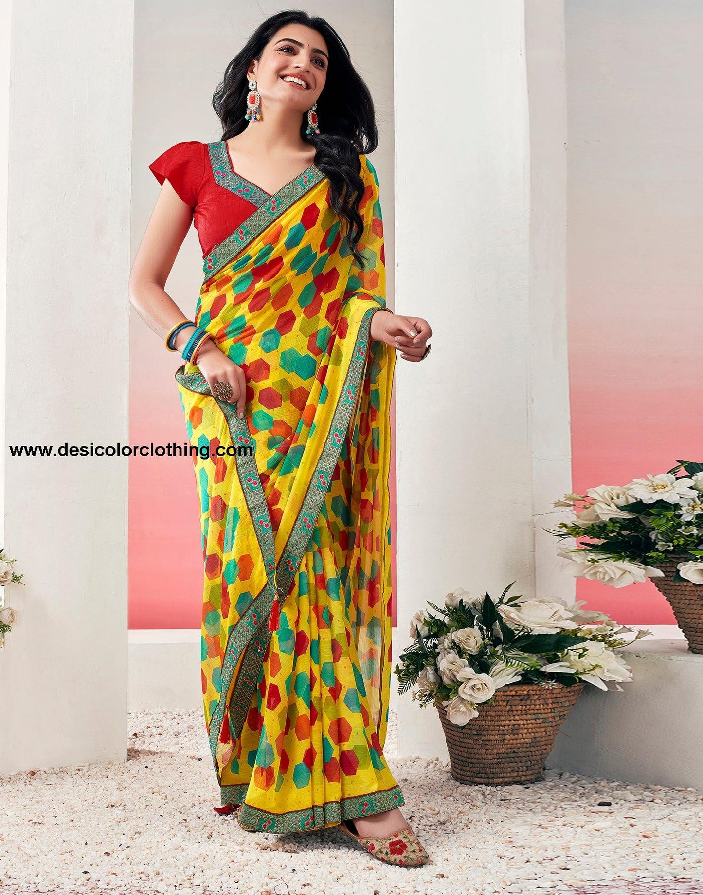 Yellow Chiffon Printed Saree
