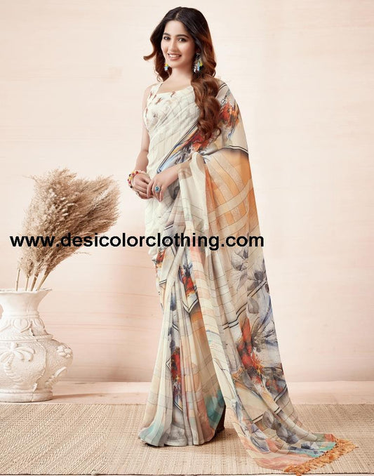 Cream Georgette Printed Sarees