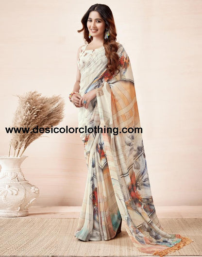 Cream Georgette Printed Sarees