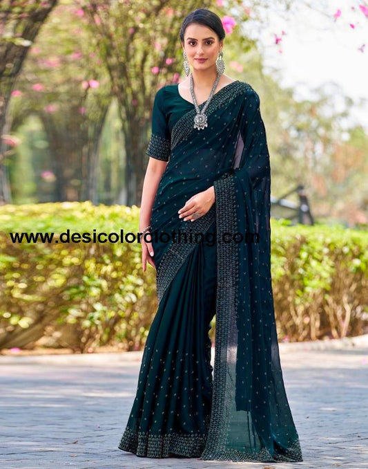 Dark Teal Blue Georgette Plain Saree
