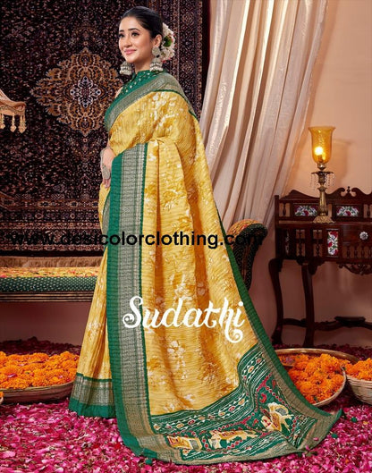 Yellow & Cream Printed Silk Saree