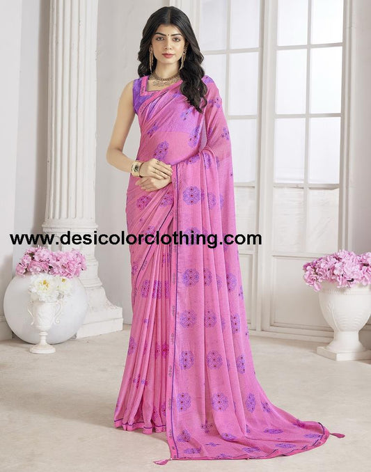 Pink Chiffon Printed Saree