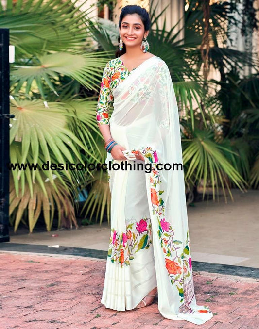 Cream Georgette Printed Saree