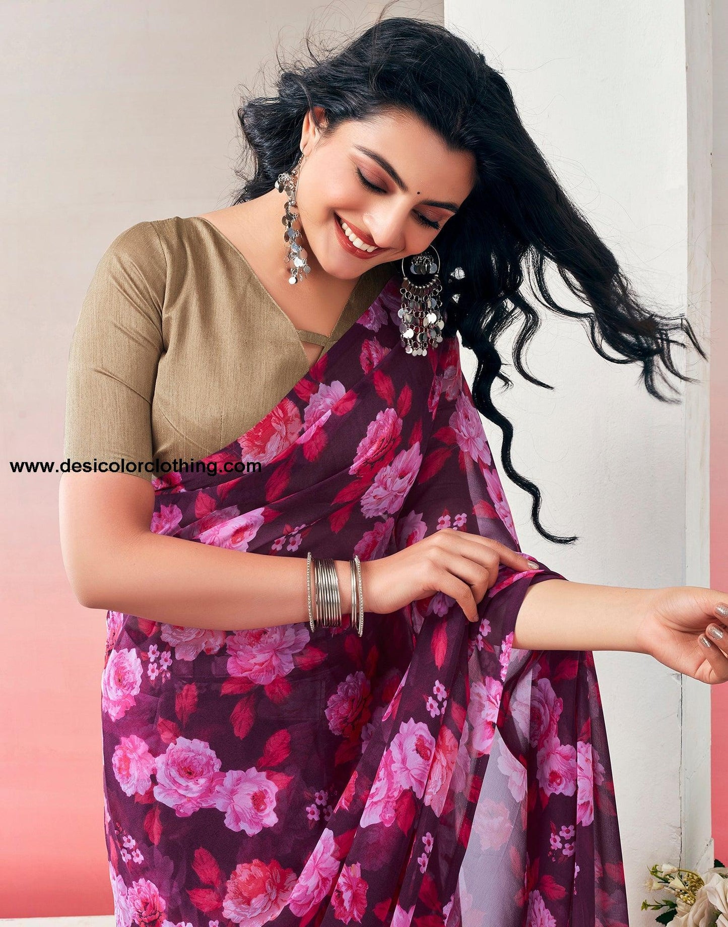 Wine Georgette Printed Ready to Wear Saree