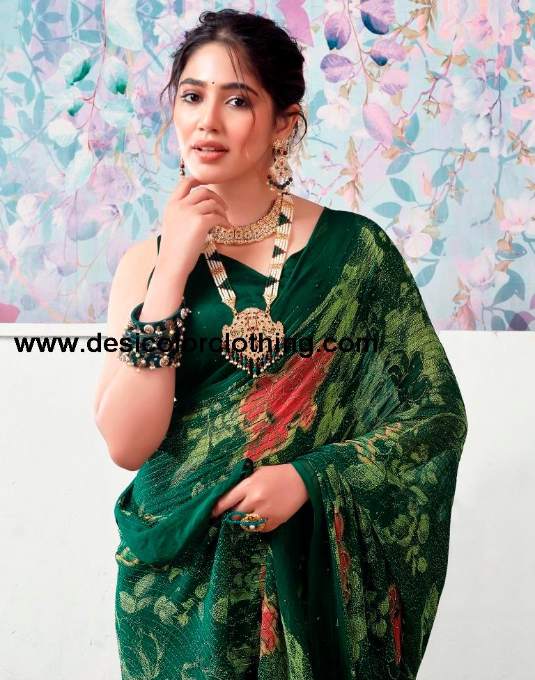 Dark Green Georgette Printed Sarees