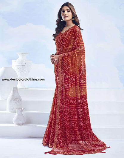 Red Bandhani Chiffon Saree