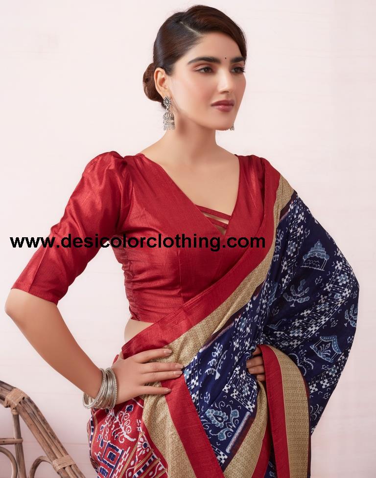 Dark Blue Silk Printed  Saree