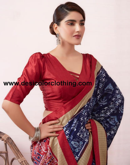 Dark Blue Silk Printed  Saree
