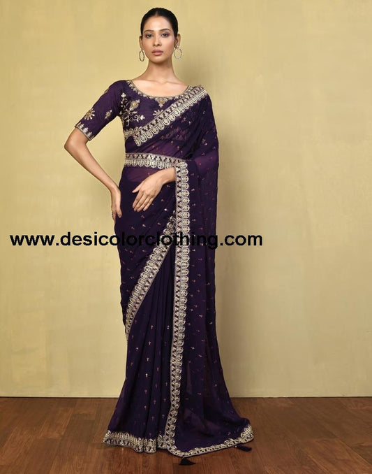 Deep Purple Georgette Plain Saree
