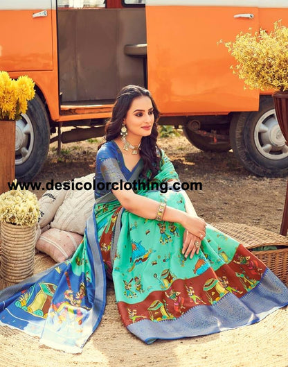 Turquoise Silk Printed Ready To Wear