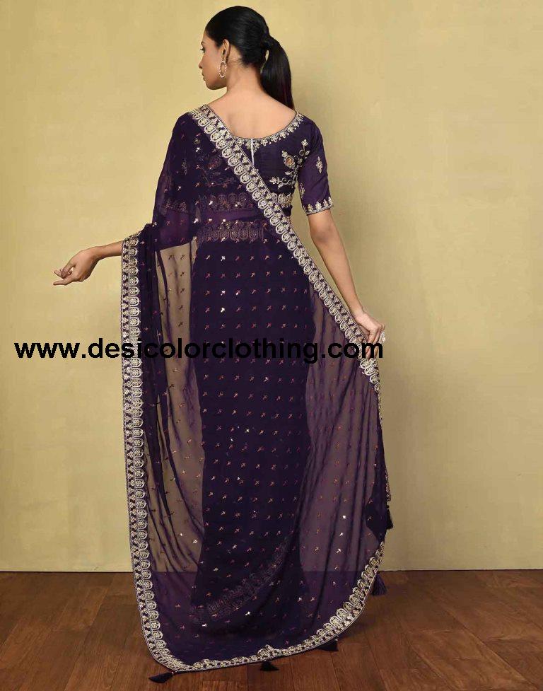 Deep Purple Georgette Plain Saree
