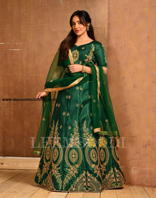Bottle Green Coloured Poly Silk Embroidered Partywear Lehenga  | SLV125L10495