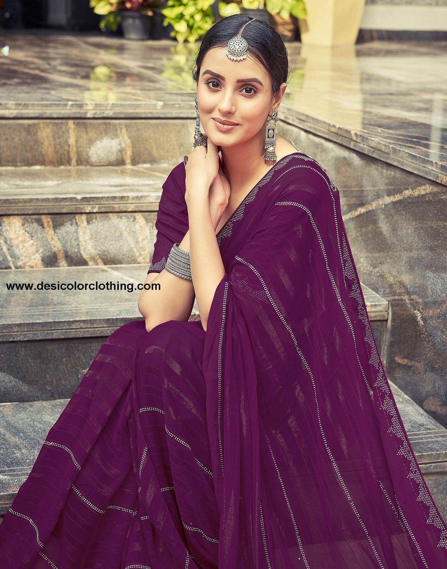 Wine Plain Georgette Saree