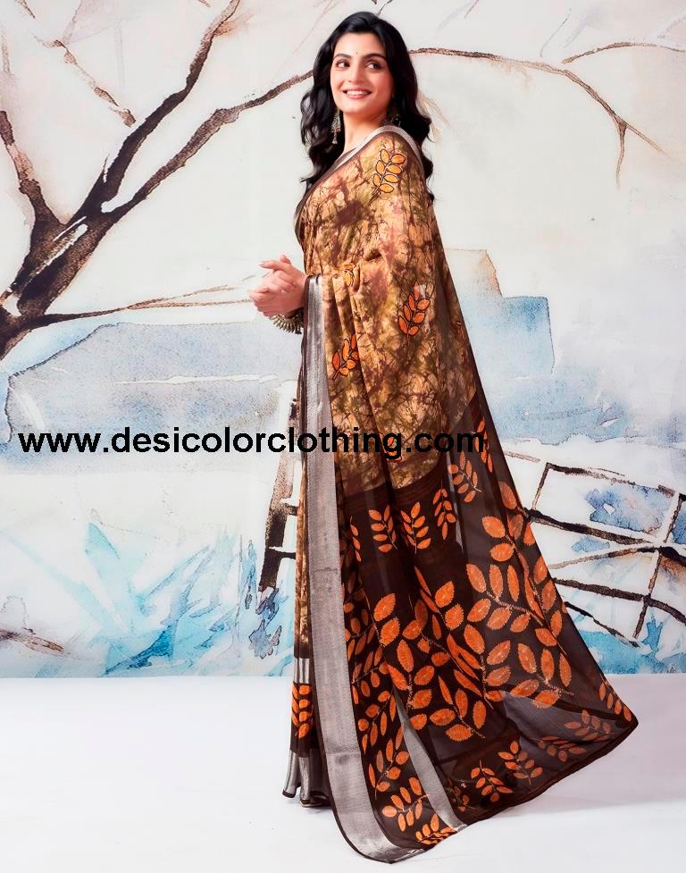 Brown Chiffon Printed  Saree