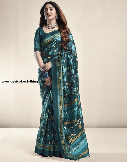 Dark Green Printed Silk Saree