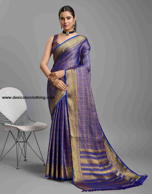 Sophisticated Dark Blue Banarasi Silk Saree with Woven Tassel Accents