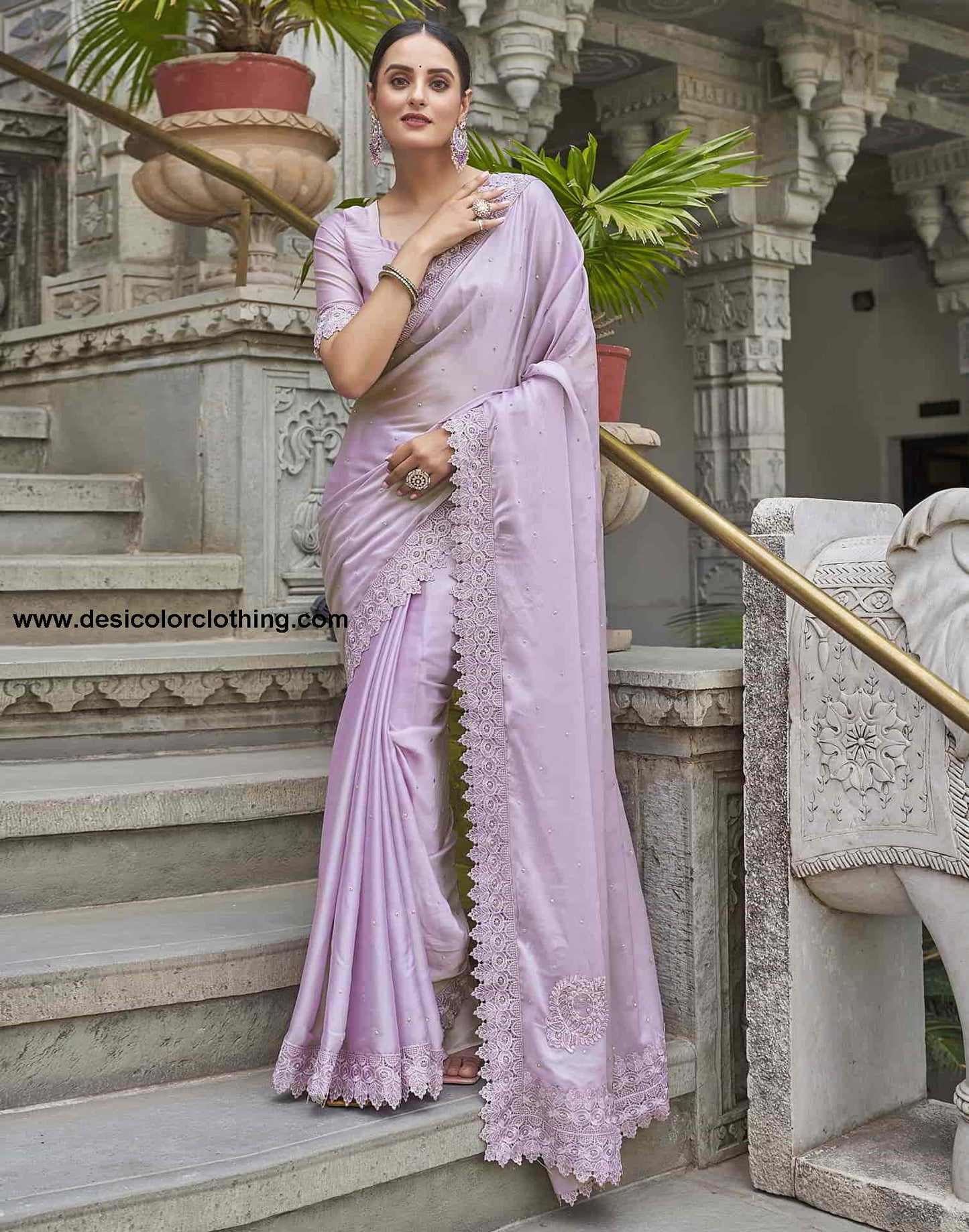 Purple Swarovski Georgette Stone Work Saree