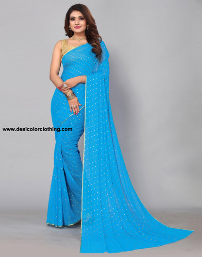 Sky Blue Chiffon Plain Saree