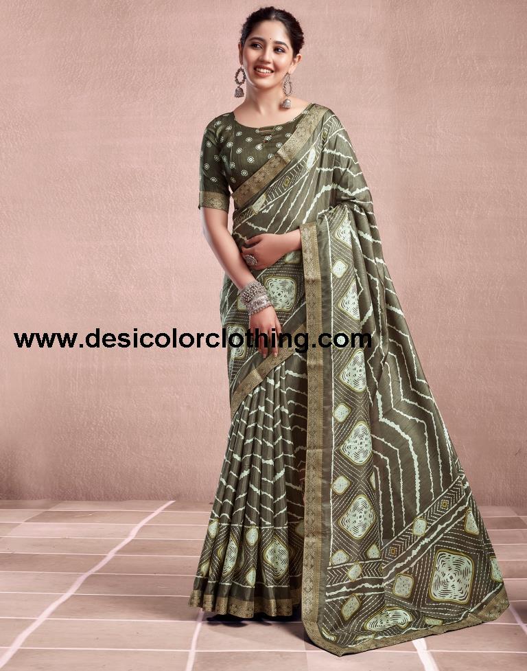 Deep Khaki Silk Printed Saree
