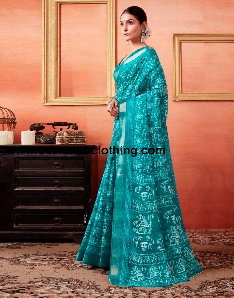 Teal Blue Cotton Zari Saree