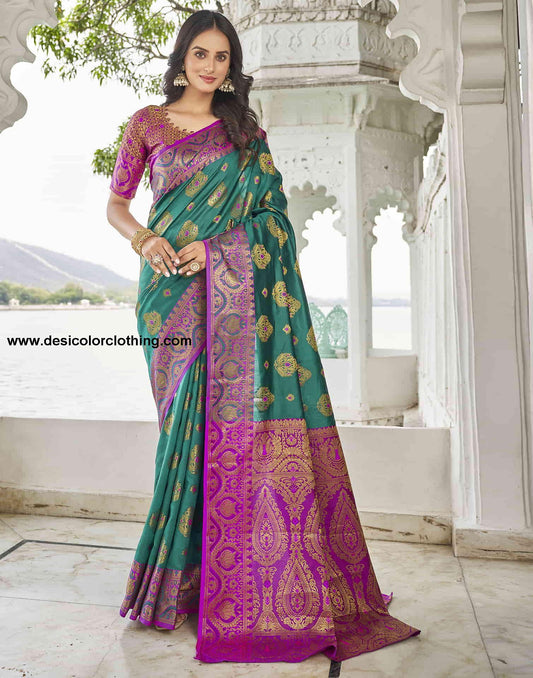 Teal Green Silk Woven Banarasi Saree