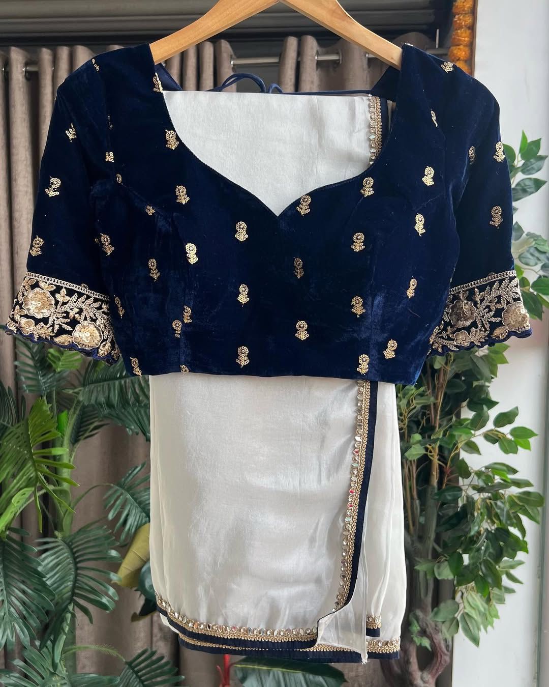 Product Image - Designer Mirror Lace Saree with Velvet Embroidery Blouse