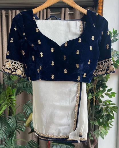 Product Image - Designer Mirror Lace Saree with Velvet Embroidery Blouse