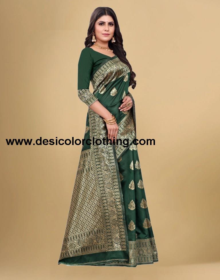 Dark Green Jacquard Banarasi Silk Saree