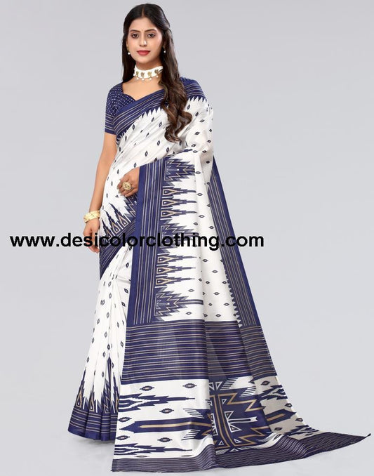 White Printed Silk Saree