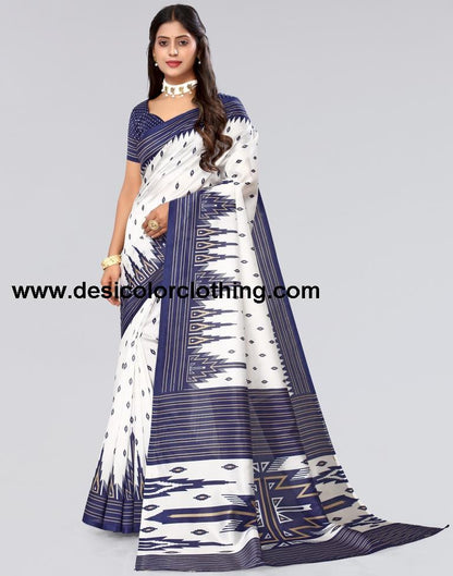 White Printed Silk Saree