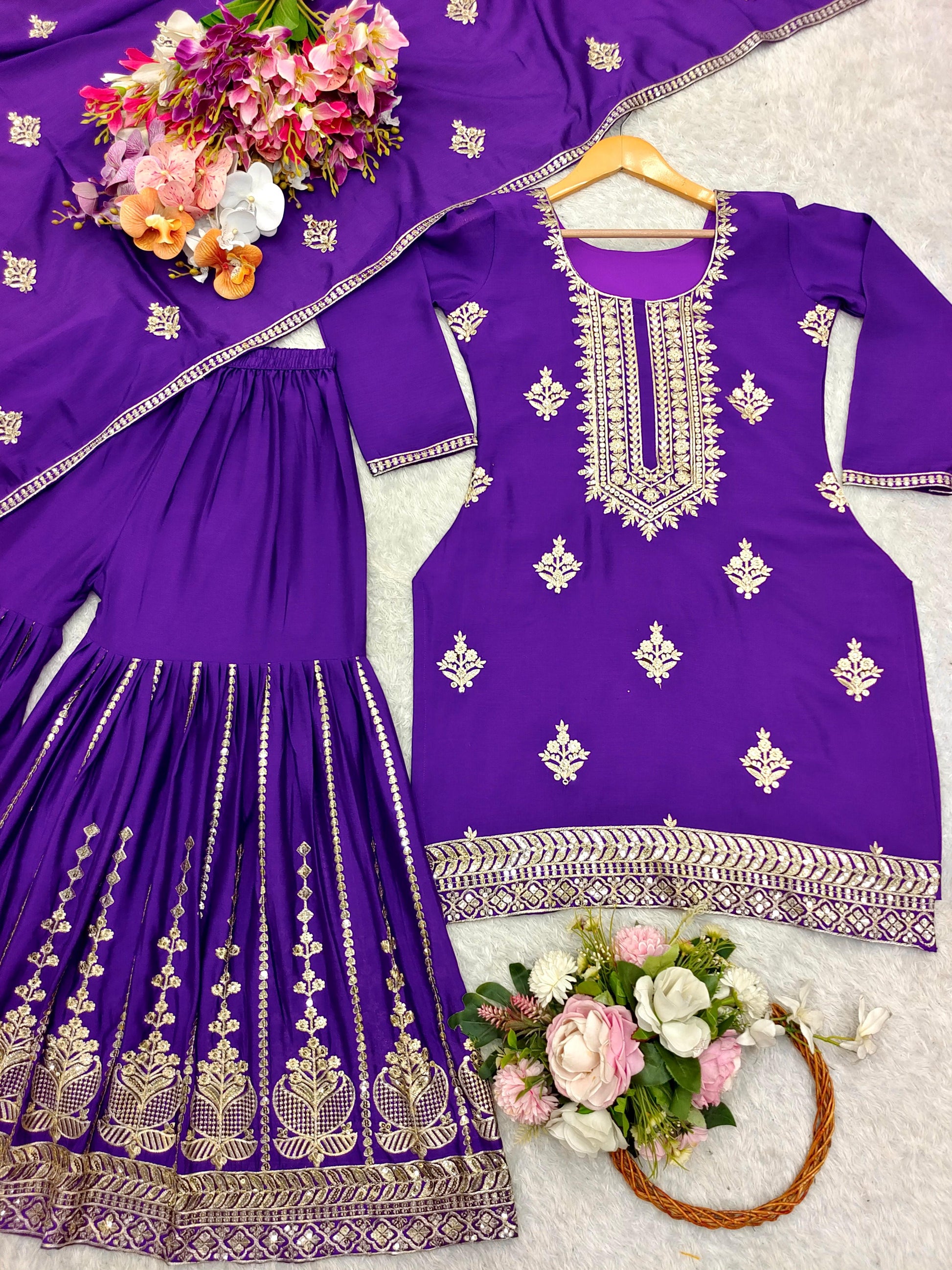 Product Image - Designer Pure Cinon Top-Sarara-Dupatta Set - Fully Stitched Ethnic Wear