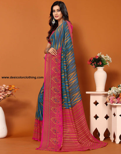 Teal Blue Georgette Printed Saree