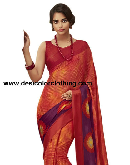 Red Coloured Chiffon Printed Satin Border Casual saree | SLV1652S352